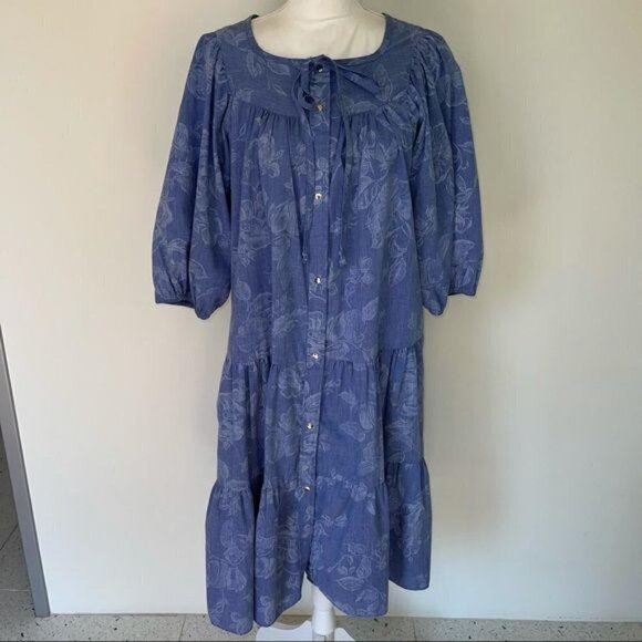 Models Coat Lounge Dress Size 12 Womens Tiered Blue Chambray Floral Poly Blend - Picture 8 of 12